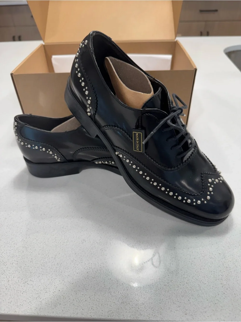 Men’s BoeMos Black Leather Dress Shoes- Italian Made- Size 8